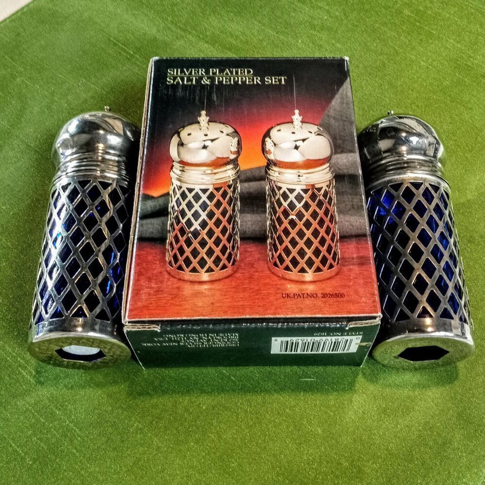 Vintage Silverplate Cobalt Glass Salt & Pepper Set